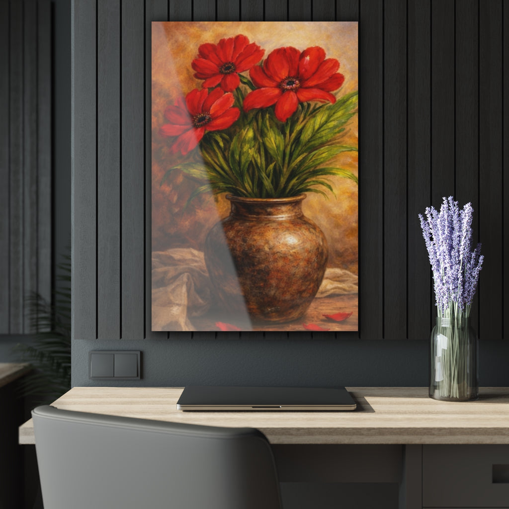 Crimson Blossoms in Bronze Vase – Vintage Floral Acrylic Wall Art