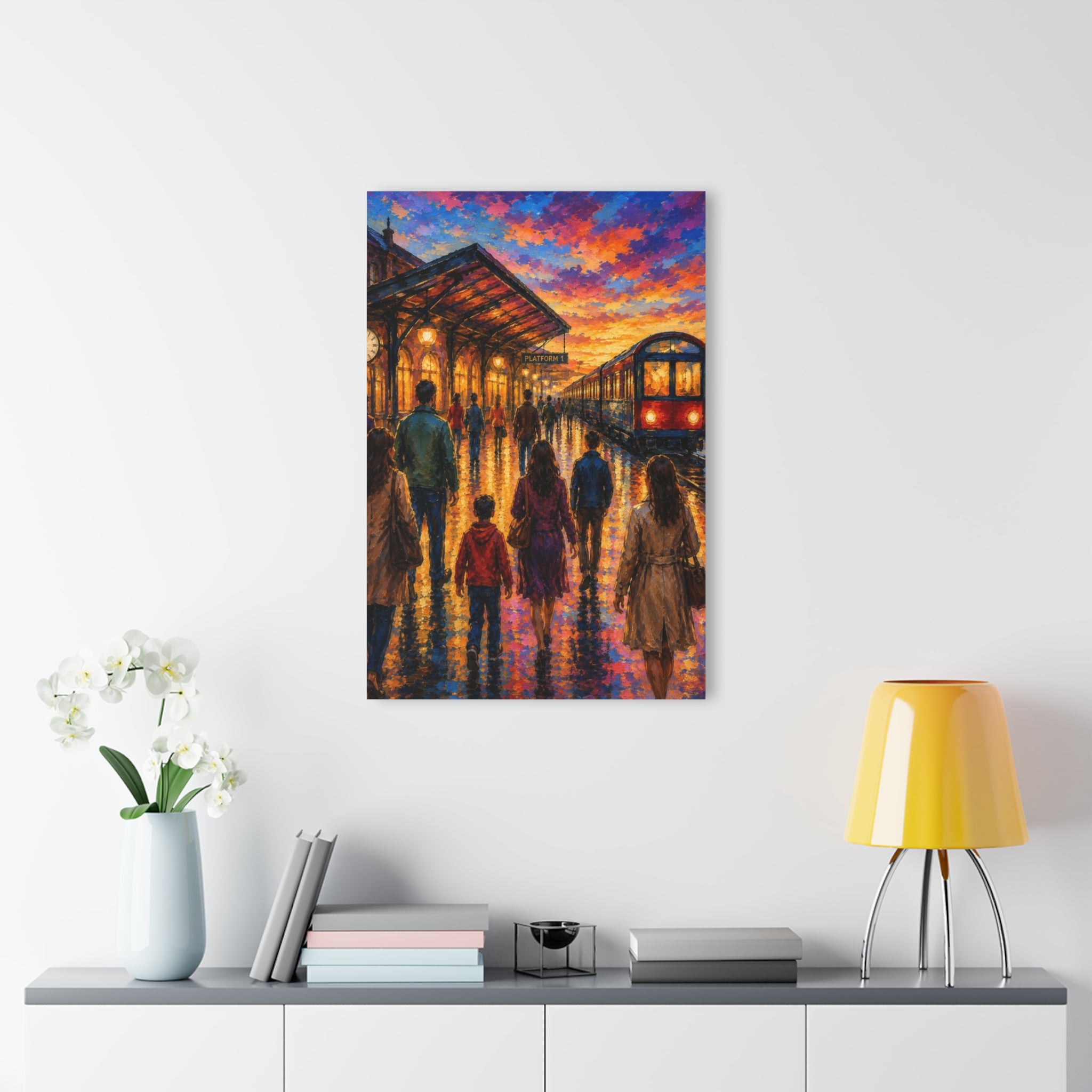 Journey at Sunset  Impressionist Train Station Canvas Art