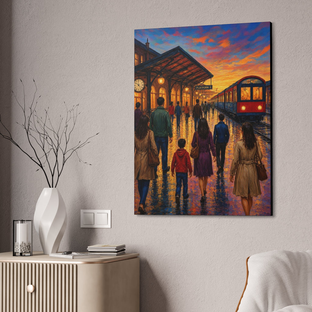 Journey at Sunset – Impressionist Train Station Canvas Art  Canvas Stretched, 1.5''