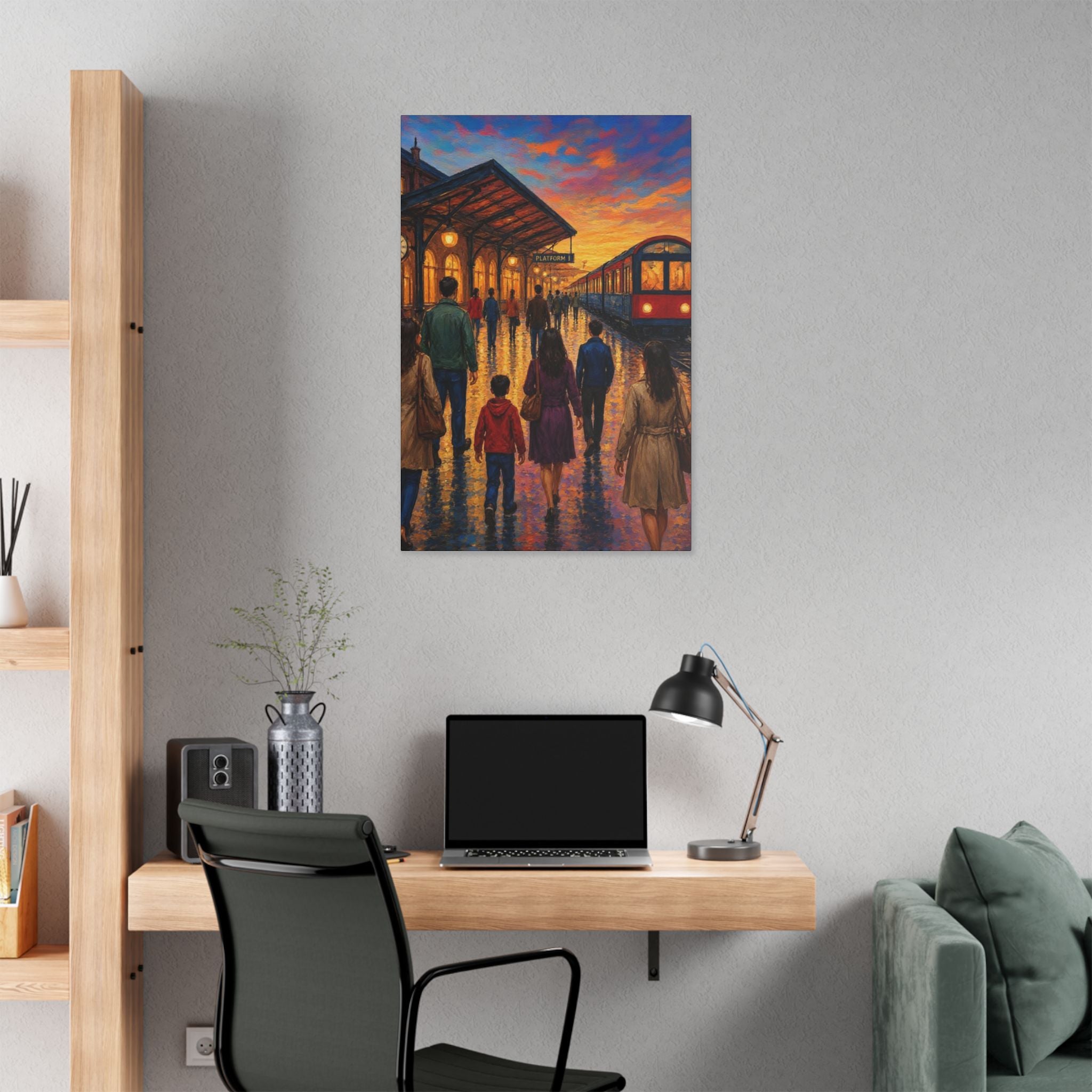 Journey at Sunset – Impressionist Train Station Canvas Art  Classic Stretched Canvas