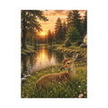 Golden Evening Visitor – Deer by the River Art Print Canvas, Stretched, 1.25"