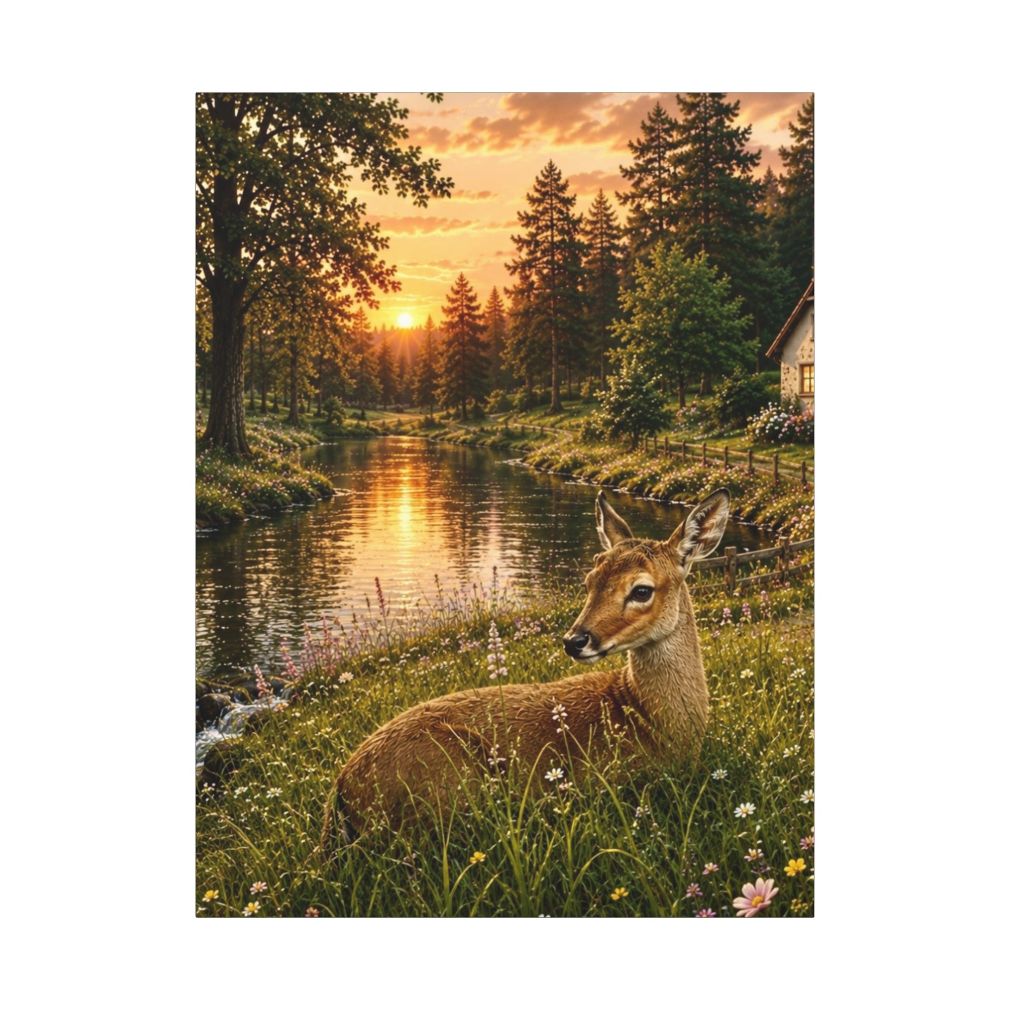 Golden Evening Visitor – Deer by the River Art Print Canvas, Stretched, 1.25"