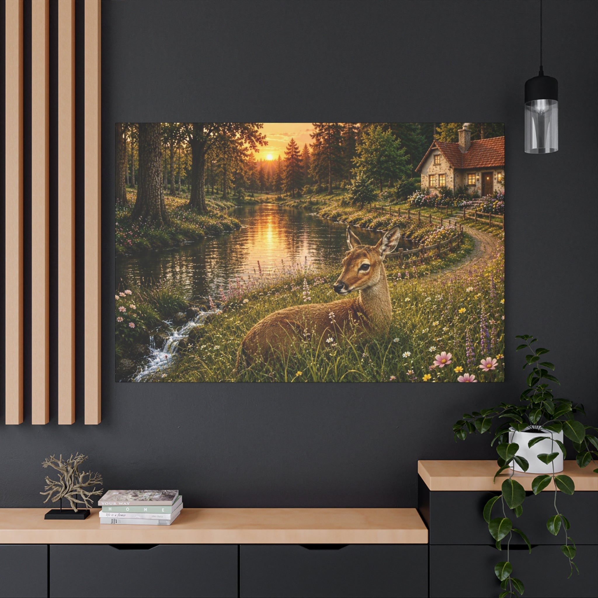 Golden Evening Visitor – Deer by the River”  Art Print Matte Canvas, Stretched, 1.25"