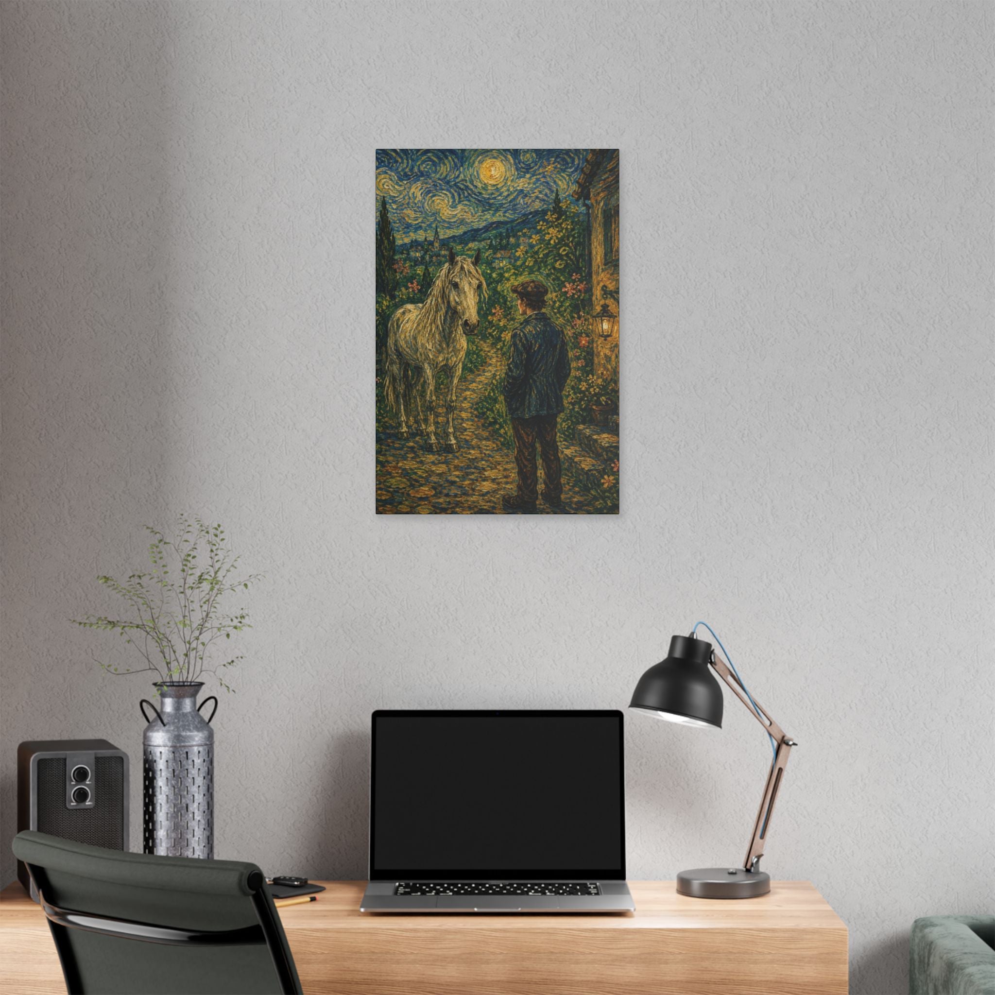 Moonlit Encounter   White Horse Beneath the Stars  Classic Stretched Canvas