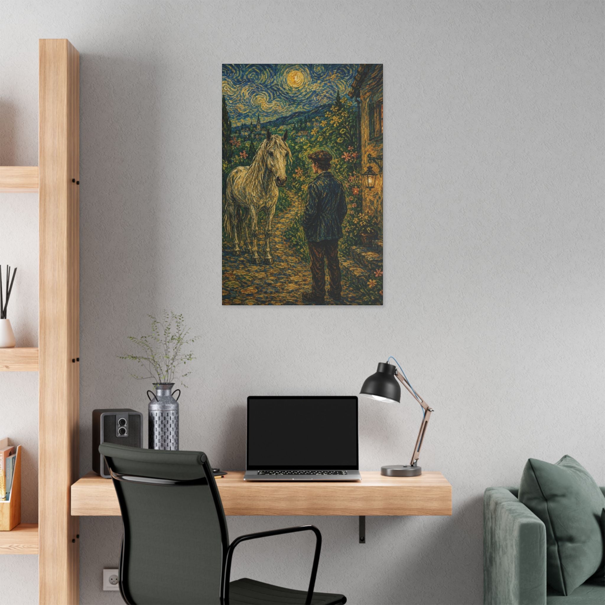 Moonlit Encounter   White Horse Beneath the Stars  Classic Stretched Canvas