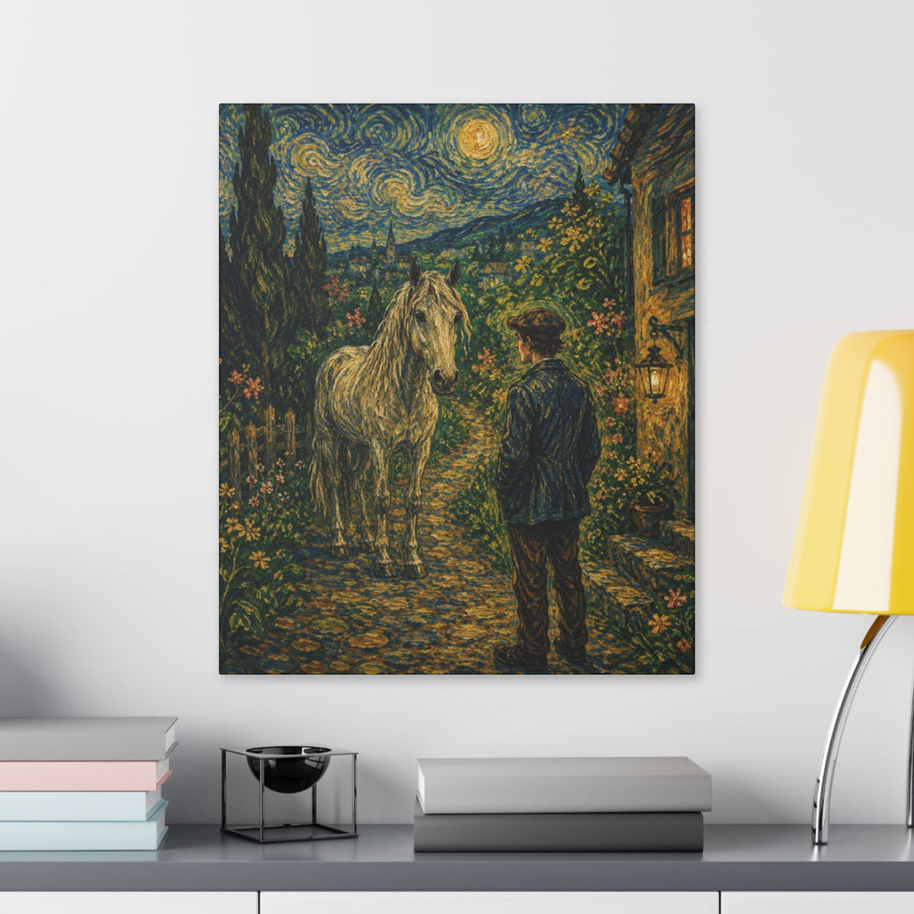 Moonlit Encounter   White Horse Beneath the Stars  Classic Stretched Canvas