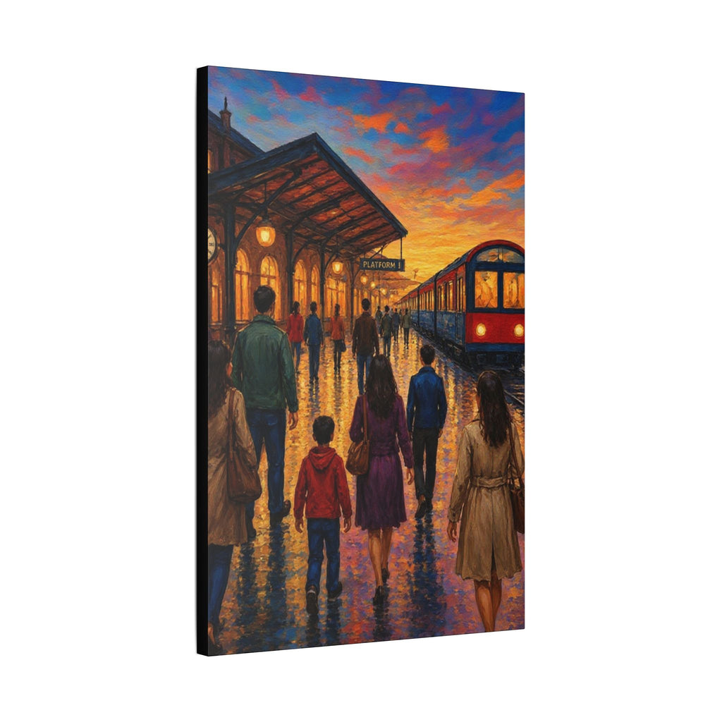 Journey at Sunset – Impressionist Train Station Canvas Art  Classic Stretched Canvas
