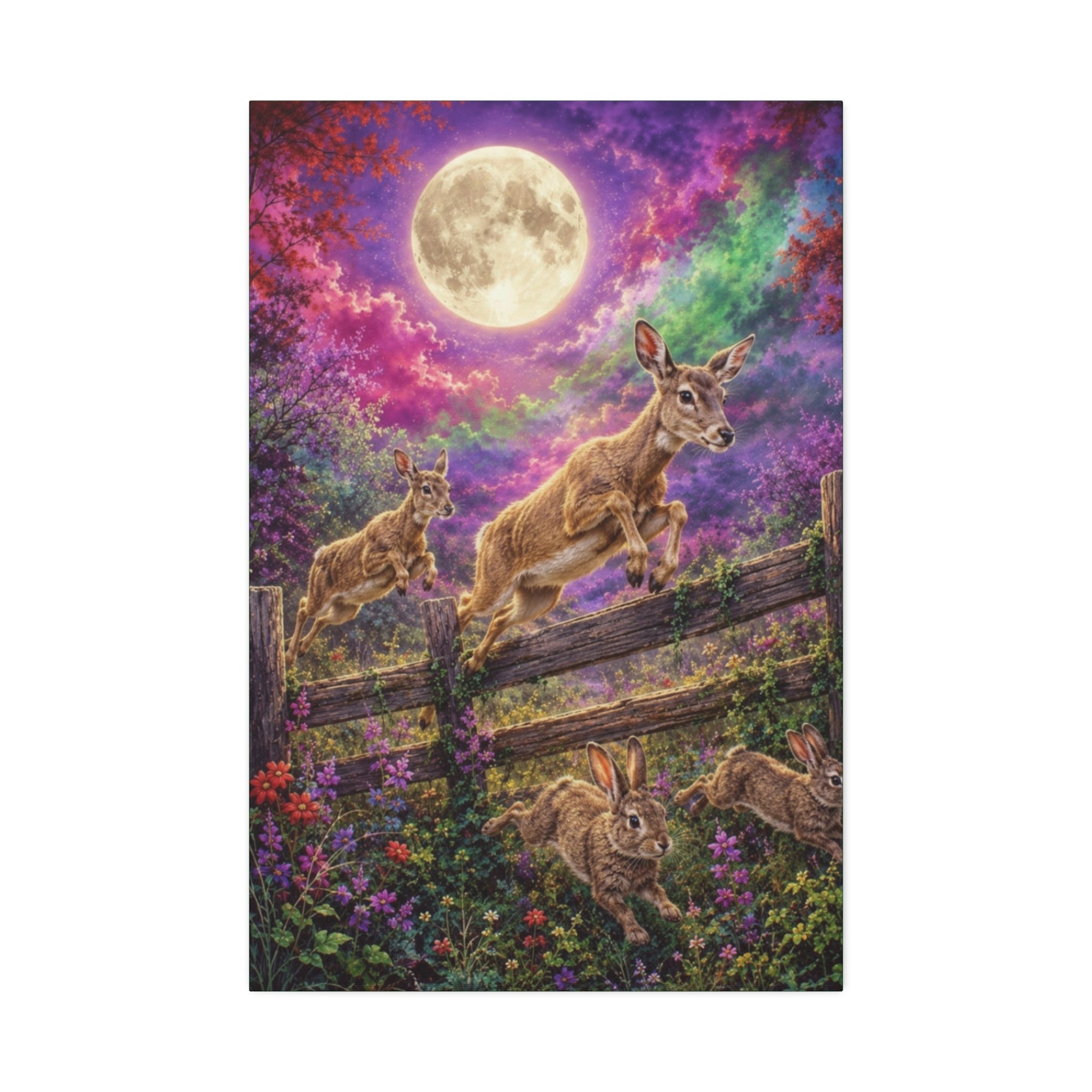 Moonlit Meadow Leap – Enchanted Wildlife Fantasy Canvas Art