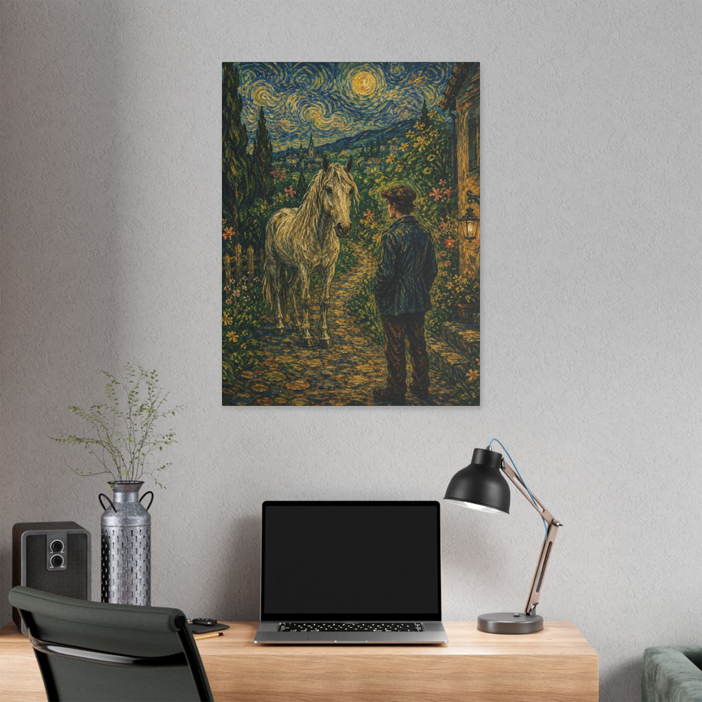 Moonlit Encounter   White Horse Beneath the Stars  Classic Stretched Canvas