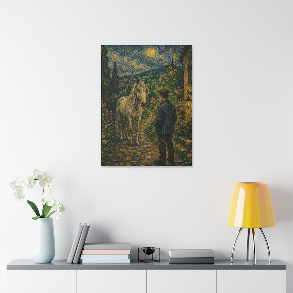 Moonlit Encounter   White Horse Beneath the Stars  Classic Stretched Canvas