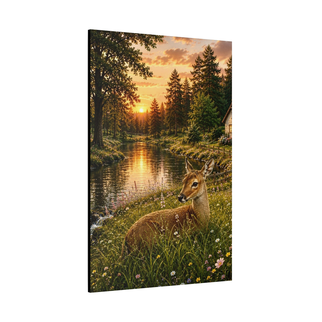 Golden Evening Visitor – Deer by the River Art Print Canvas, Stretched, 1.25"