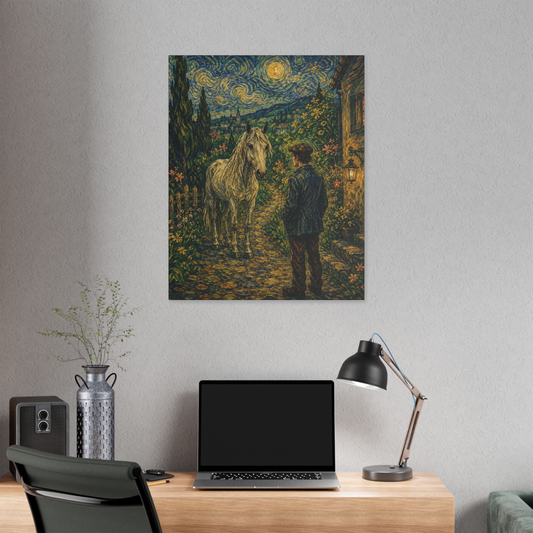 Moonlit Encounter   White Horse Beneath the Stars  Classic Stretched Canvas