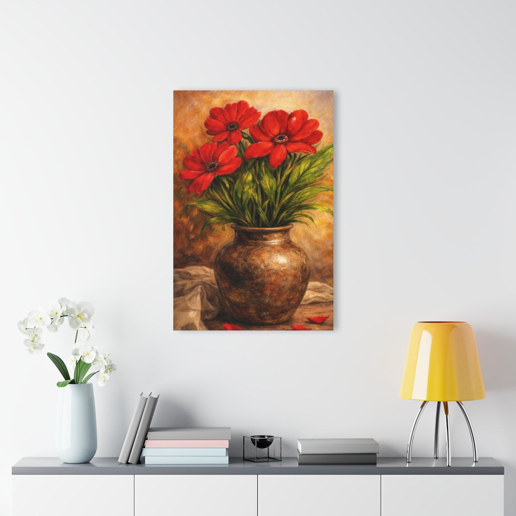 Crimson Blossoms in Bronze Vase – Vintage Floral Acrylic Wall Art