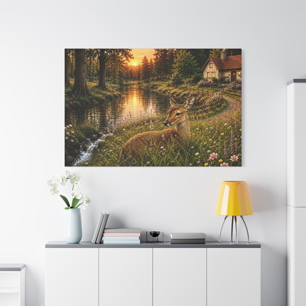 Golden Evening Visitor – Deer by the River”  Art Print Matte Canvas, Stretched, 1.25"
