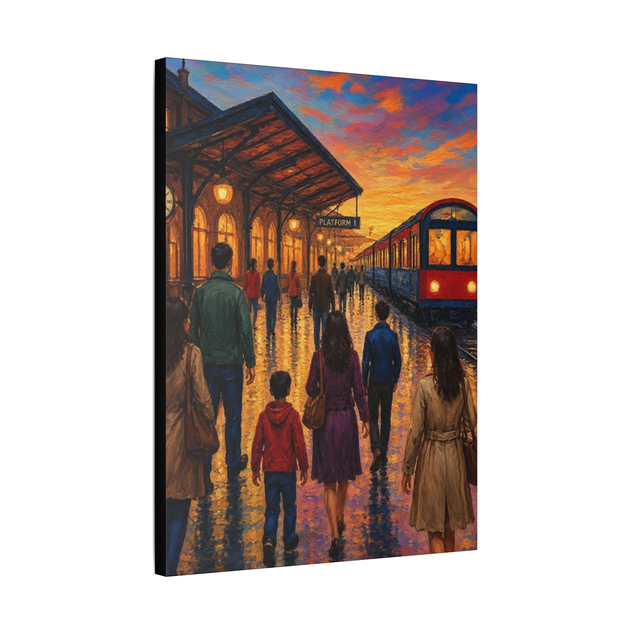 Journey at Sunset – Impressionist Train Station Canvas Art  Classic Stretched Canvas