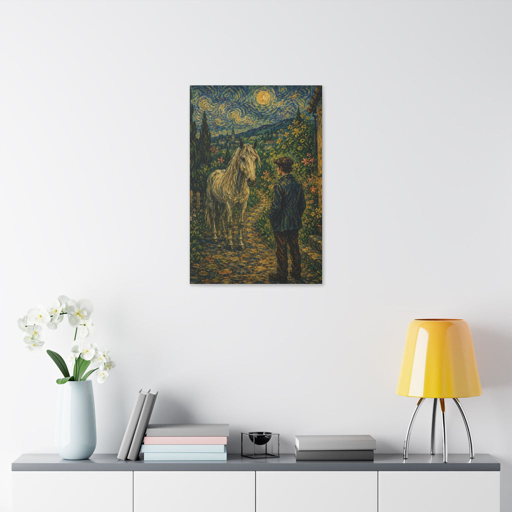 Moonlit Encounter   White Horse Beneath the Stars  Classic Stretched Canvas