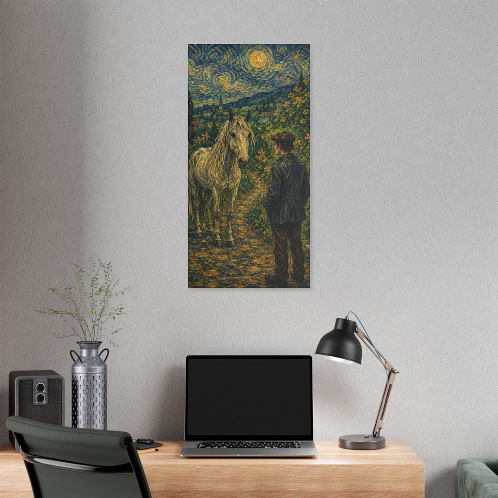 Moonlit Encounter   White Horse Beneath the Stars  Classic Stretched Canvas