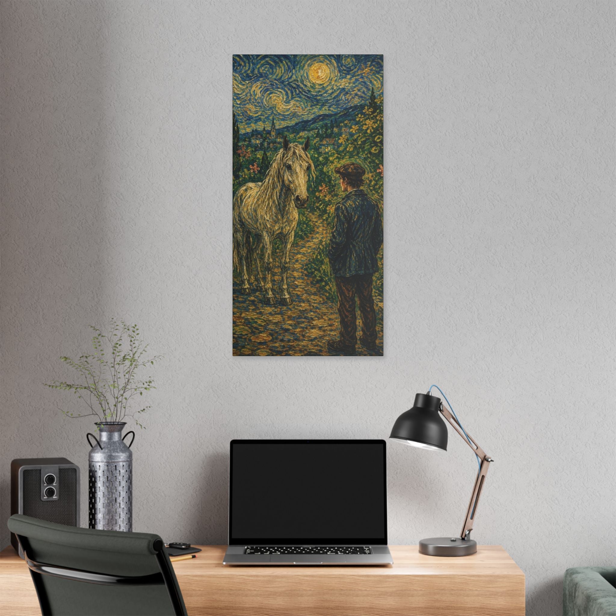 Moonlit Encounter   White Horse Beneath the Stars  Classic Stretched Canvas