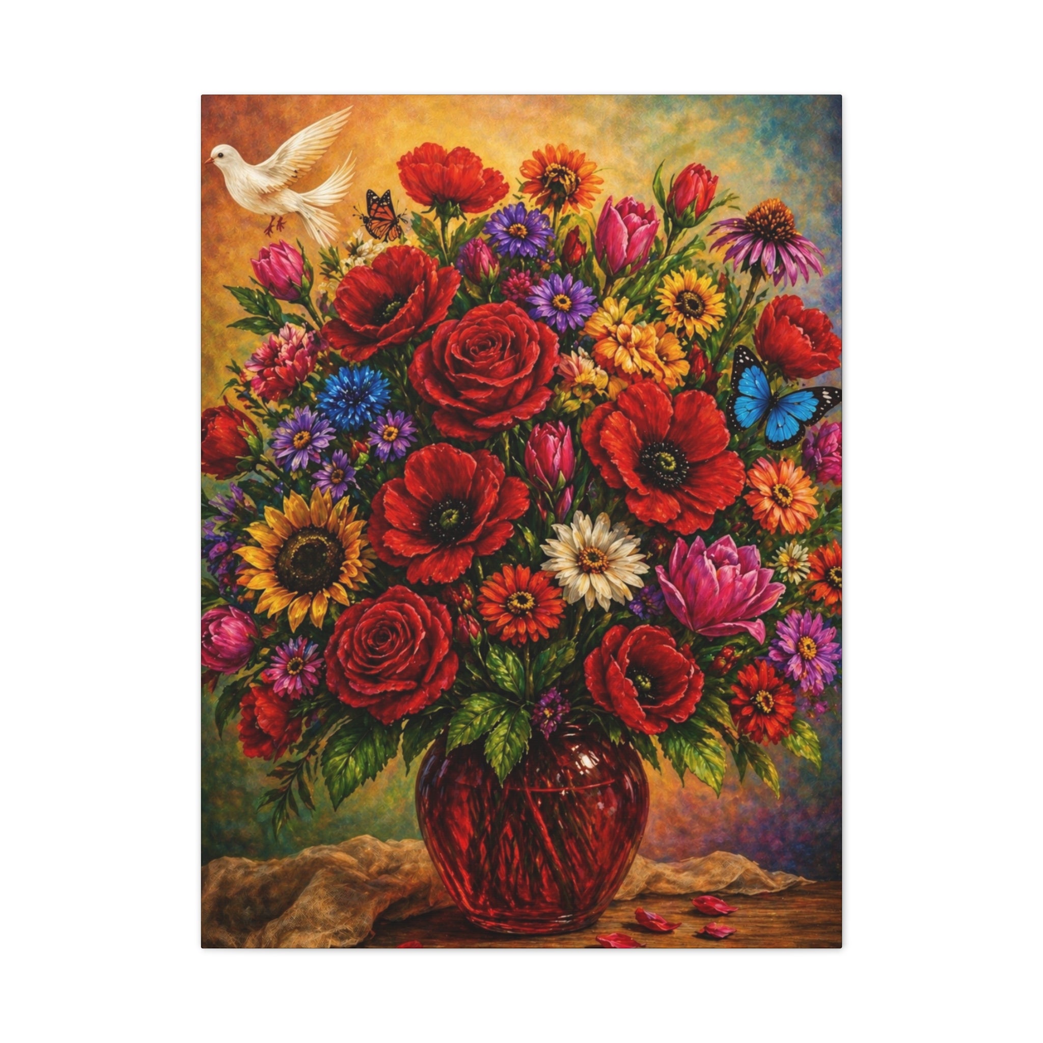 Garden of Joy – Vibrant Floral Bouquet with White Dove Canvas Wall Art