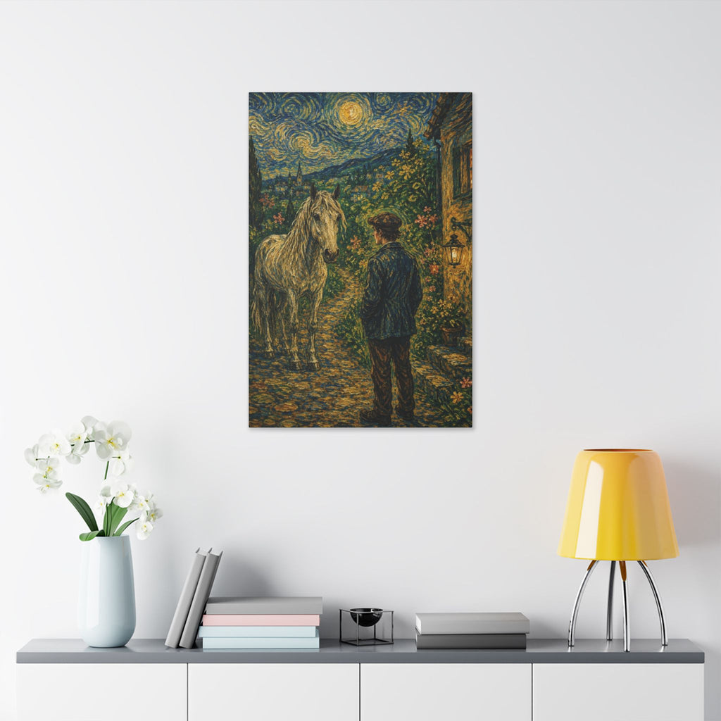 Moonlit Encounter   White Horse Beneath the Stars  Classic Stretched Canvas