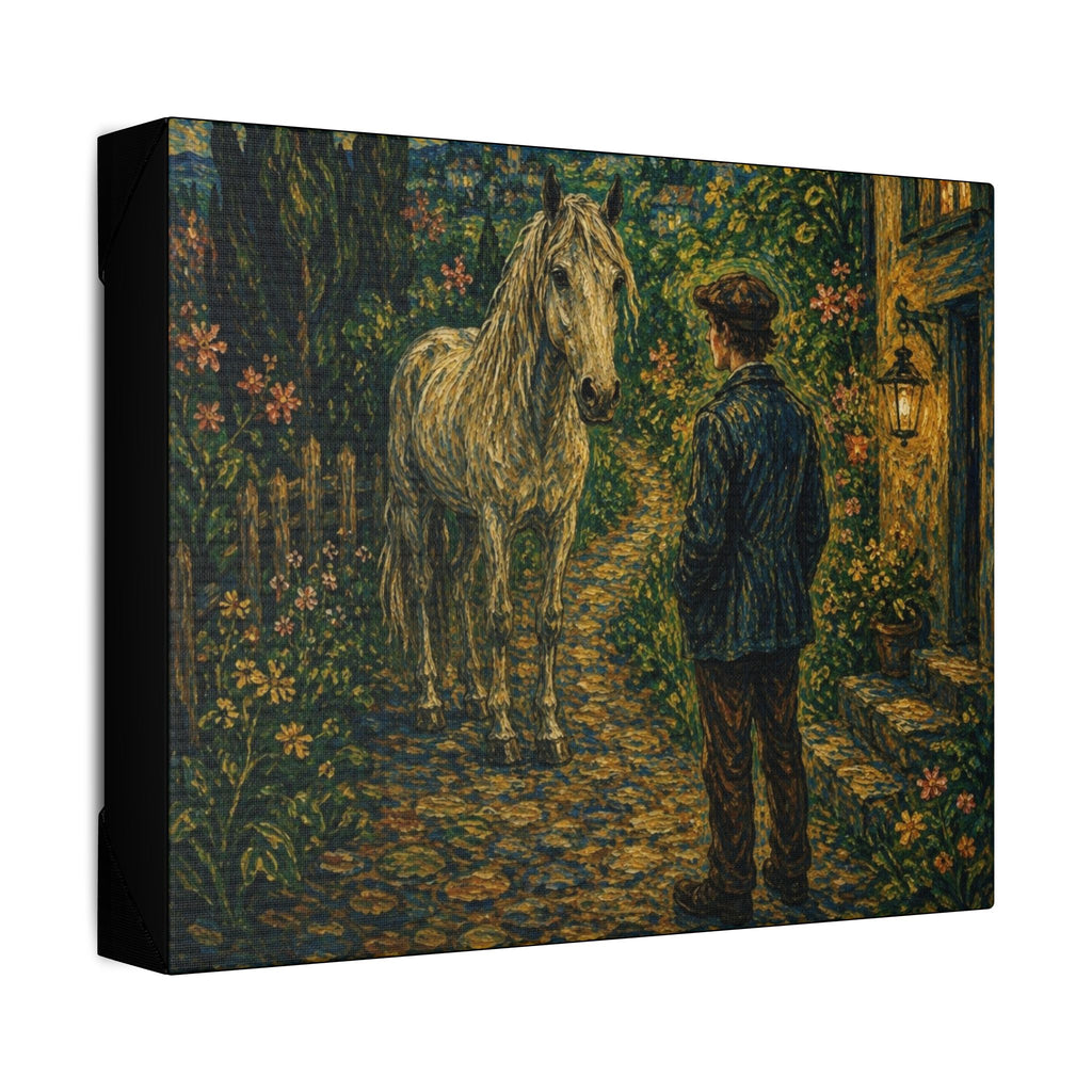 Moonlit Encounter   White Horse Beneath the Stars  Classic Stretched Canvas