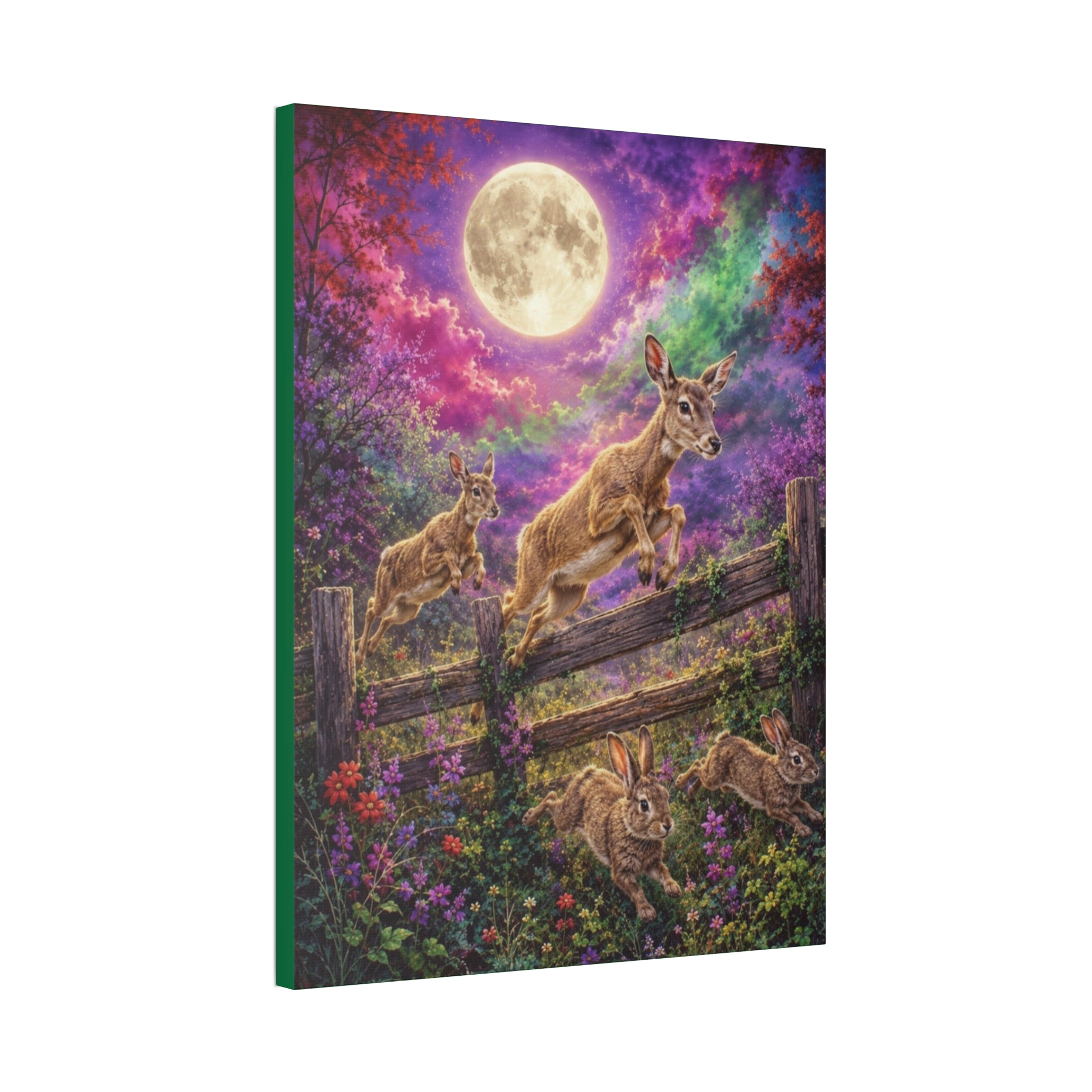 Moonlit Meadow Leap – Enchanted Wildlife Fantasy Canvas Art