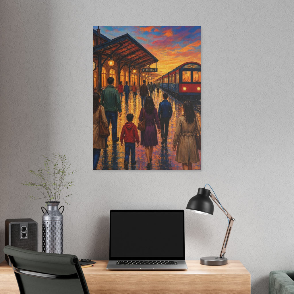 Journey at Sunset – Impressionist Train Station Canvas Art  Classic Stretched Canvas