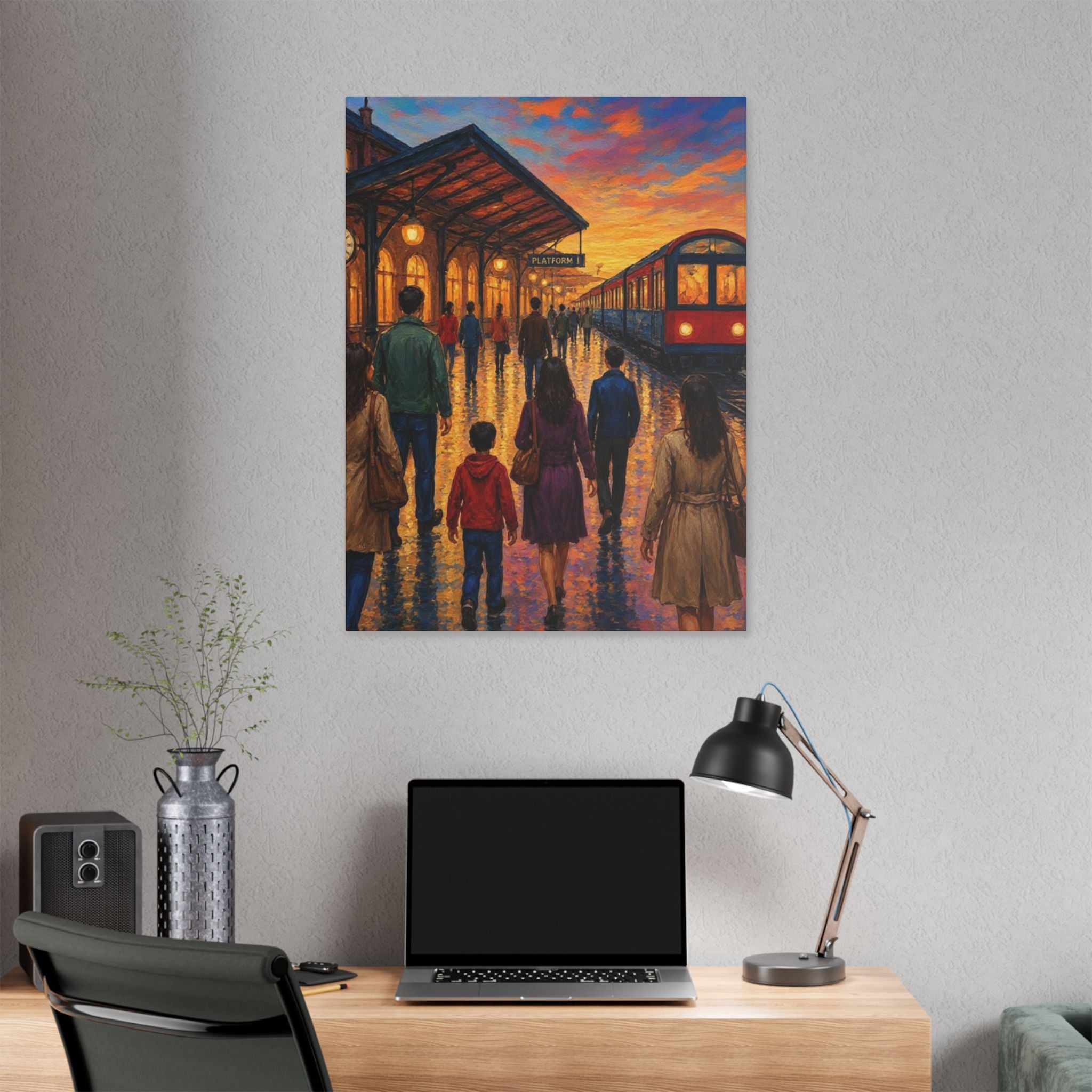 Journey at Sunset – Impressionist Train Station Canvas Art  Classic Stretched Canvas
