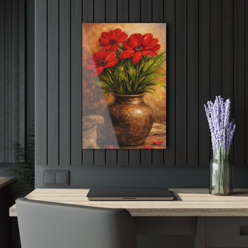 Crimson Blossoms in Bronze Vase – Vintage Floral Acrylic Wall Art