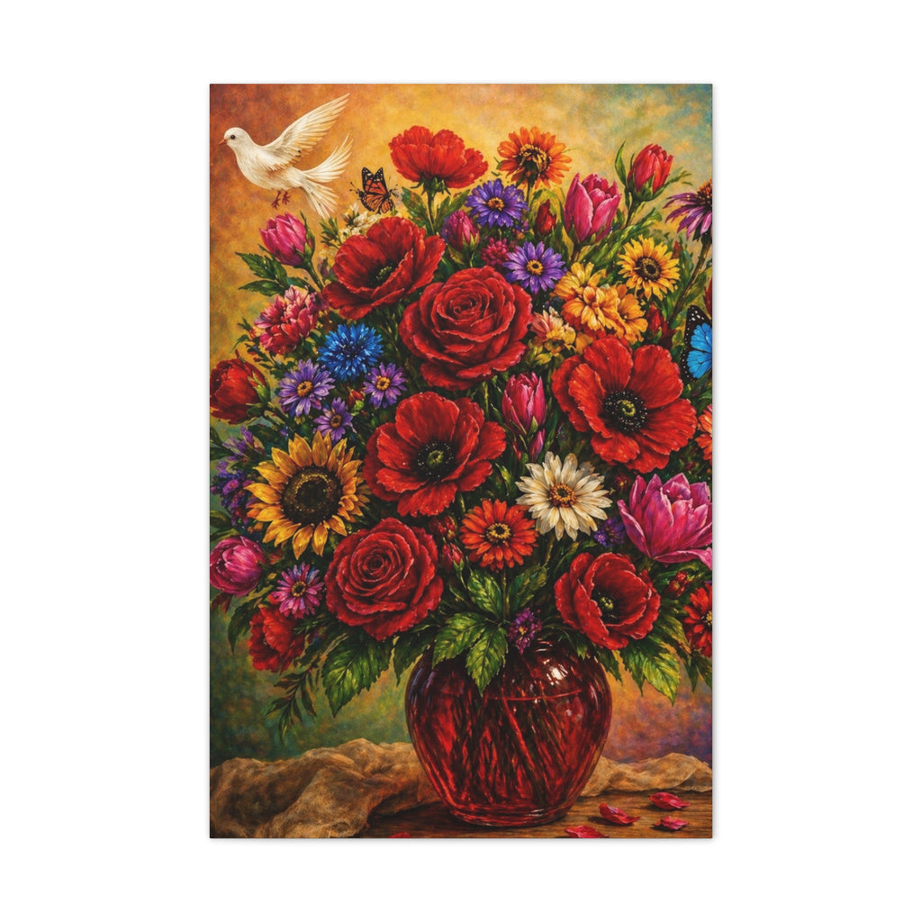 Garden of Joy – Vibrant Floral Bouquet with White Dove Canvas Wall Art