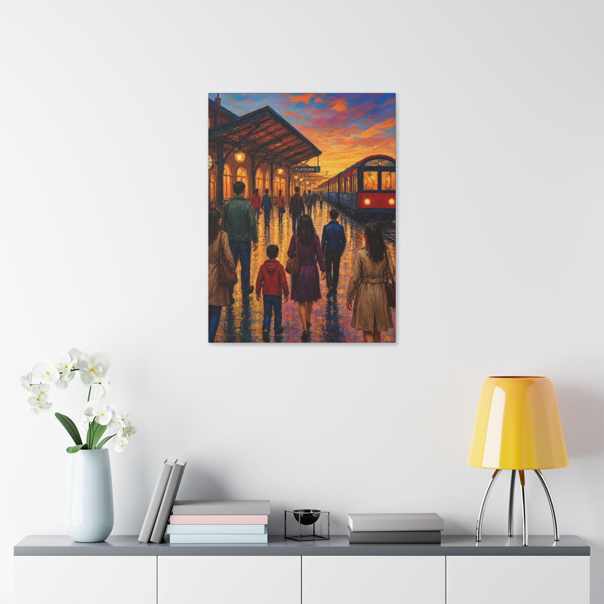 Journey at Sunset – Impressionist Train Station Canvas Art  Classic Stretched Canvas