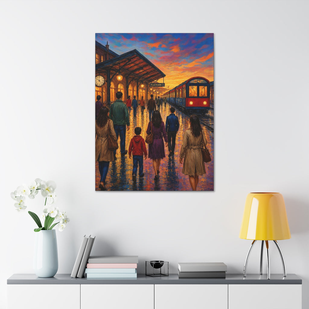Journey at Sunset – Impressionist Train Station Canvas Art  Canvas Stretched, 1.5''