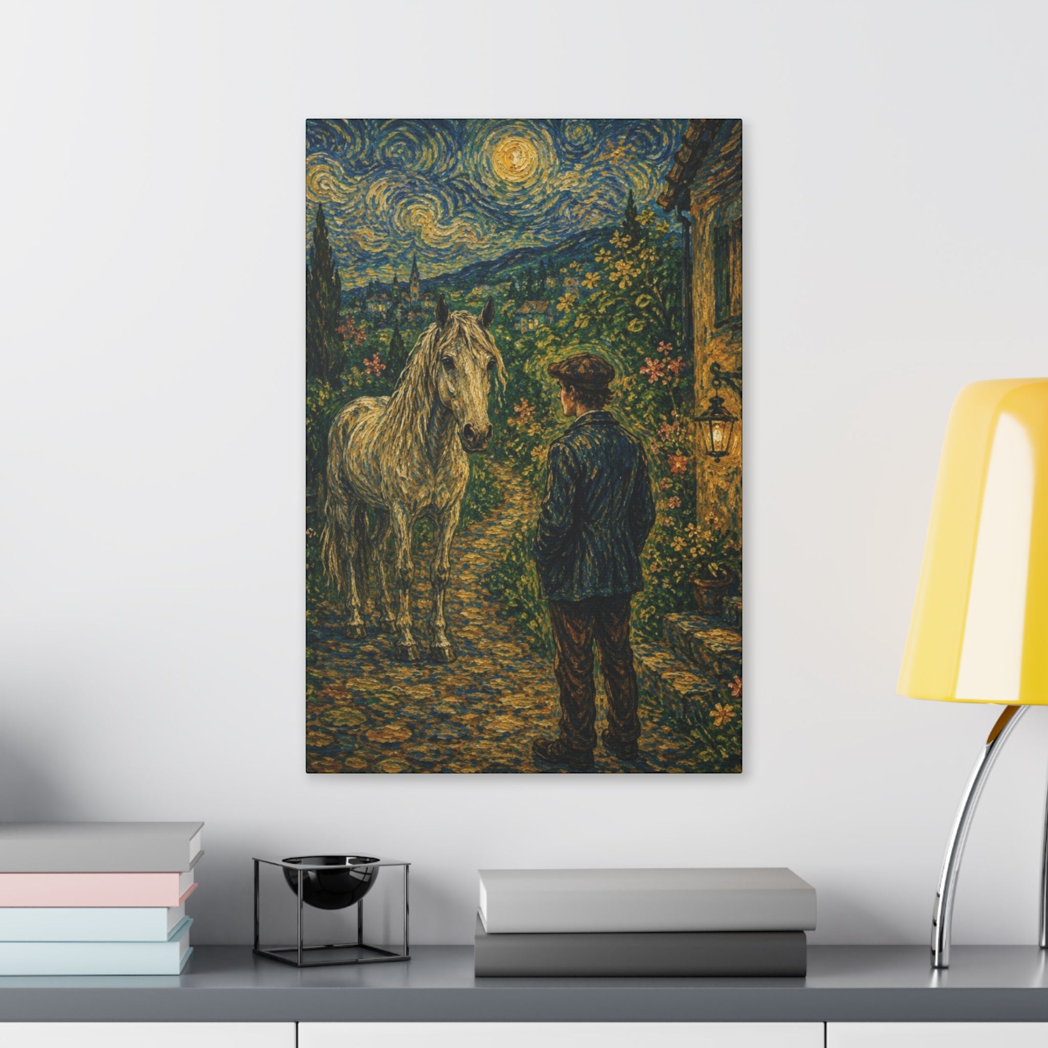 Moonlit Encounter   White Horse Beneath the Stars  Classic Stretched Canvas