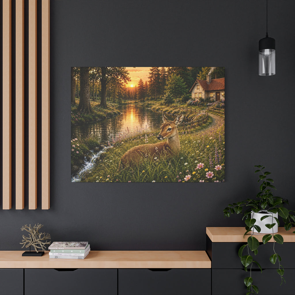 Golden Evening Visitor – Deer by the River”  Art Print Matte Canvas, Stretched, 1.25"