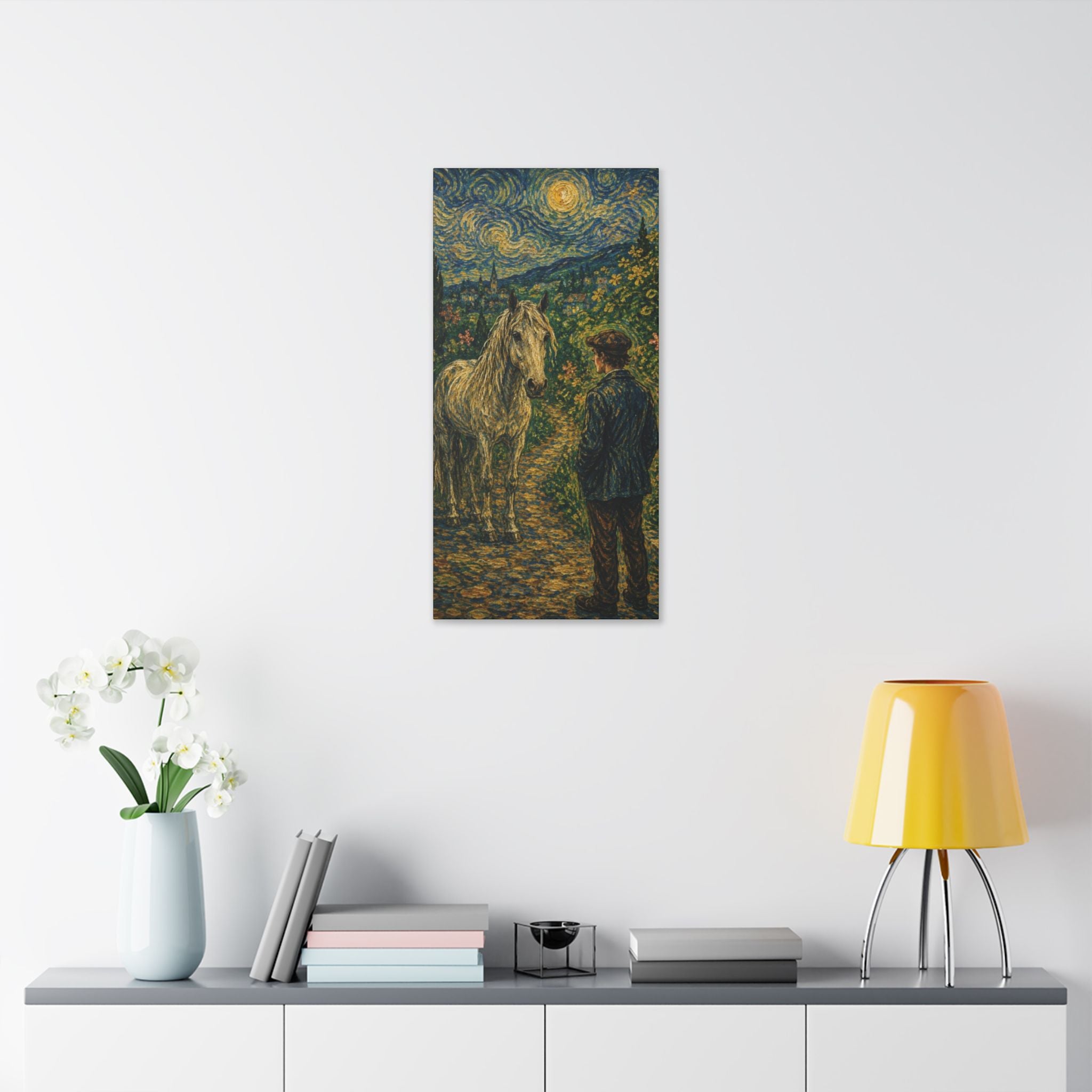 Moonlit Encounter   White Horse Beneath the Stars  Classic Stretched Canvas