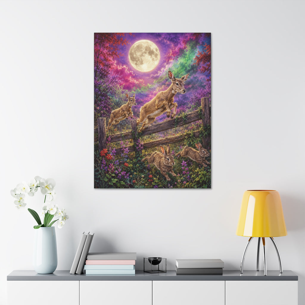 Moonlit Meadow Leap – Enchanted Wildlife Fantasy Canvas Art