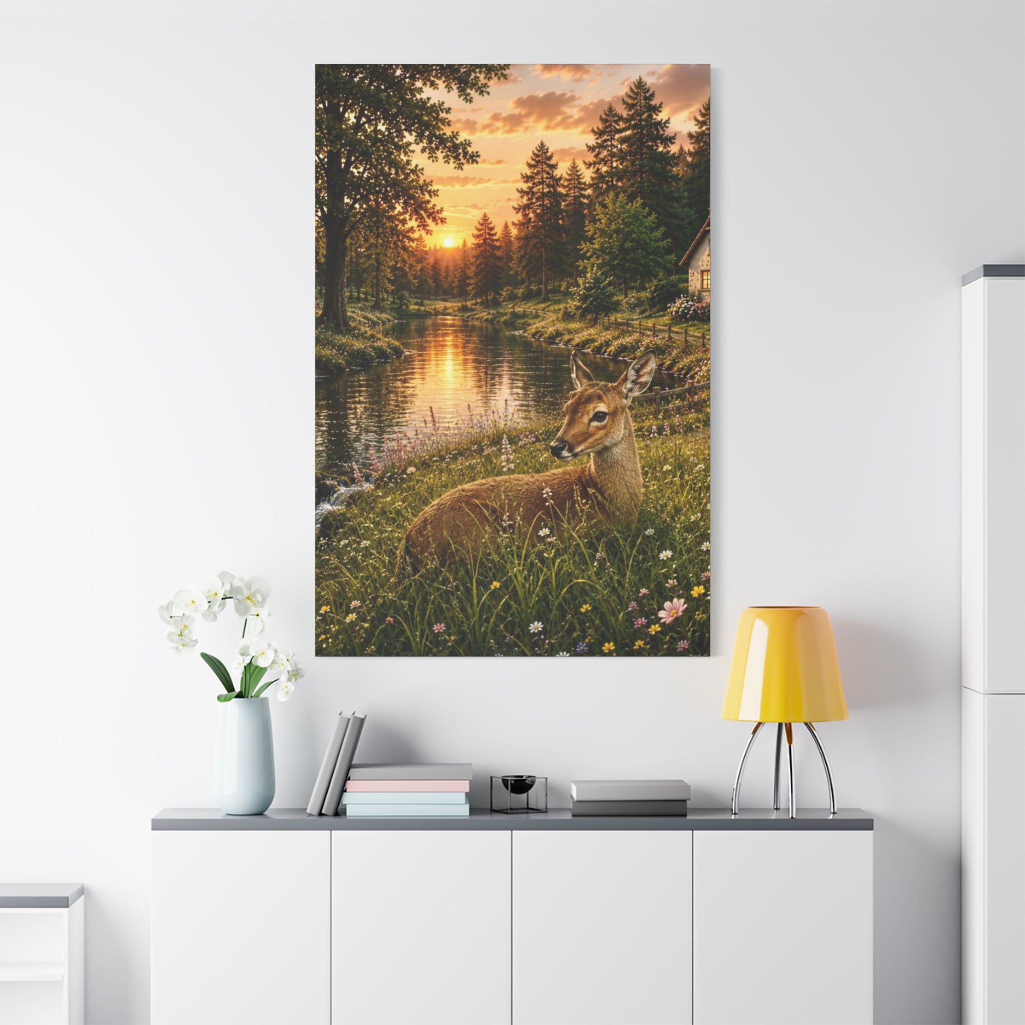 Golden Evening Visitor – Deer by the River Art Print Canvas, Stretched, 1.25"