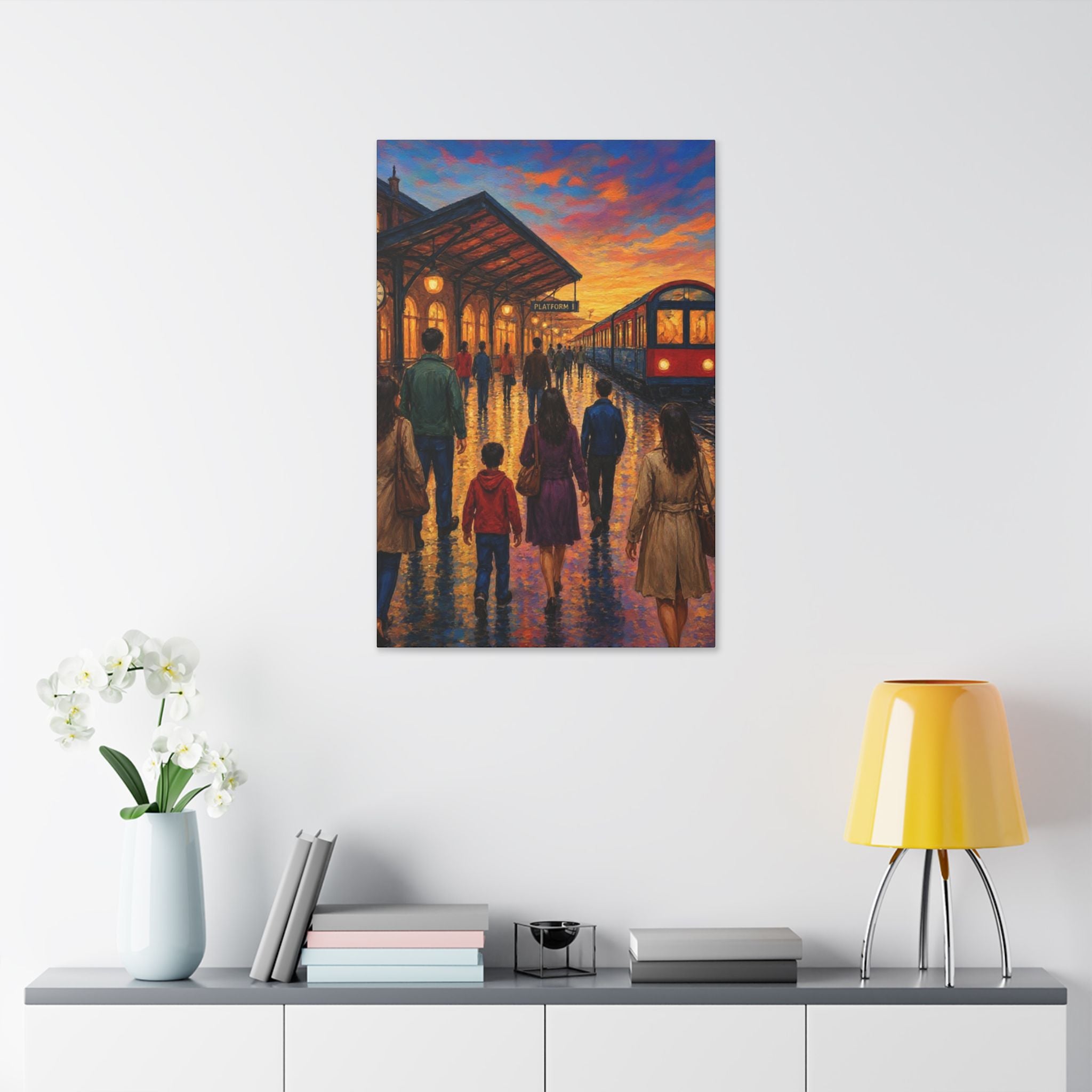 Journey at Sunset – Impressionist Train Station Canvas Art  Classic Stretched Canvas