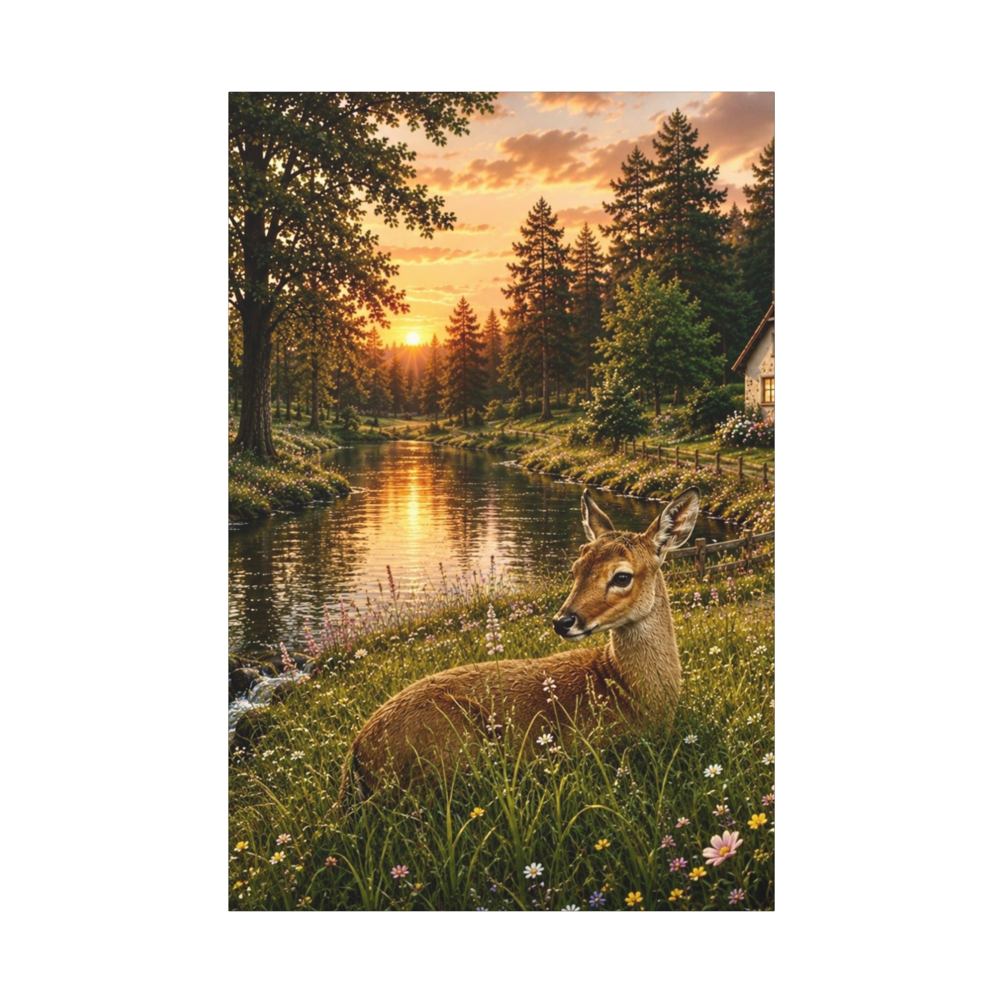 Golden Evening Visitor – Deer by the River Art Print Canvas, Stretched, 1.25"