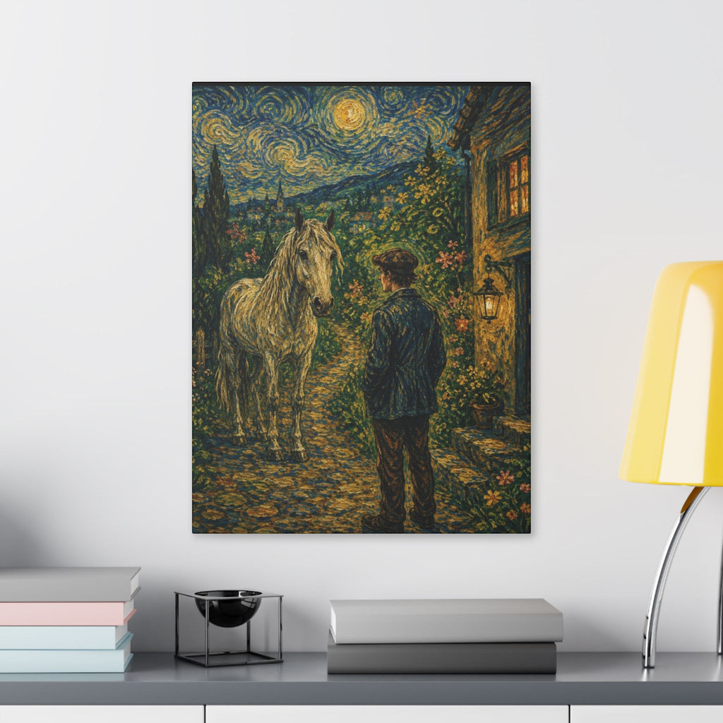 Moonlit Encounter   White Horse Beneath the Stars  Classic Stretched Canvas