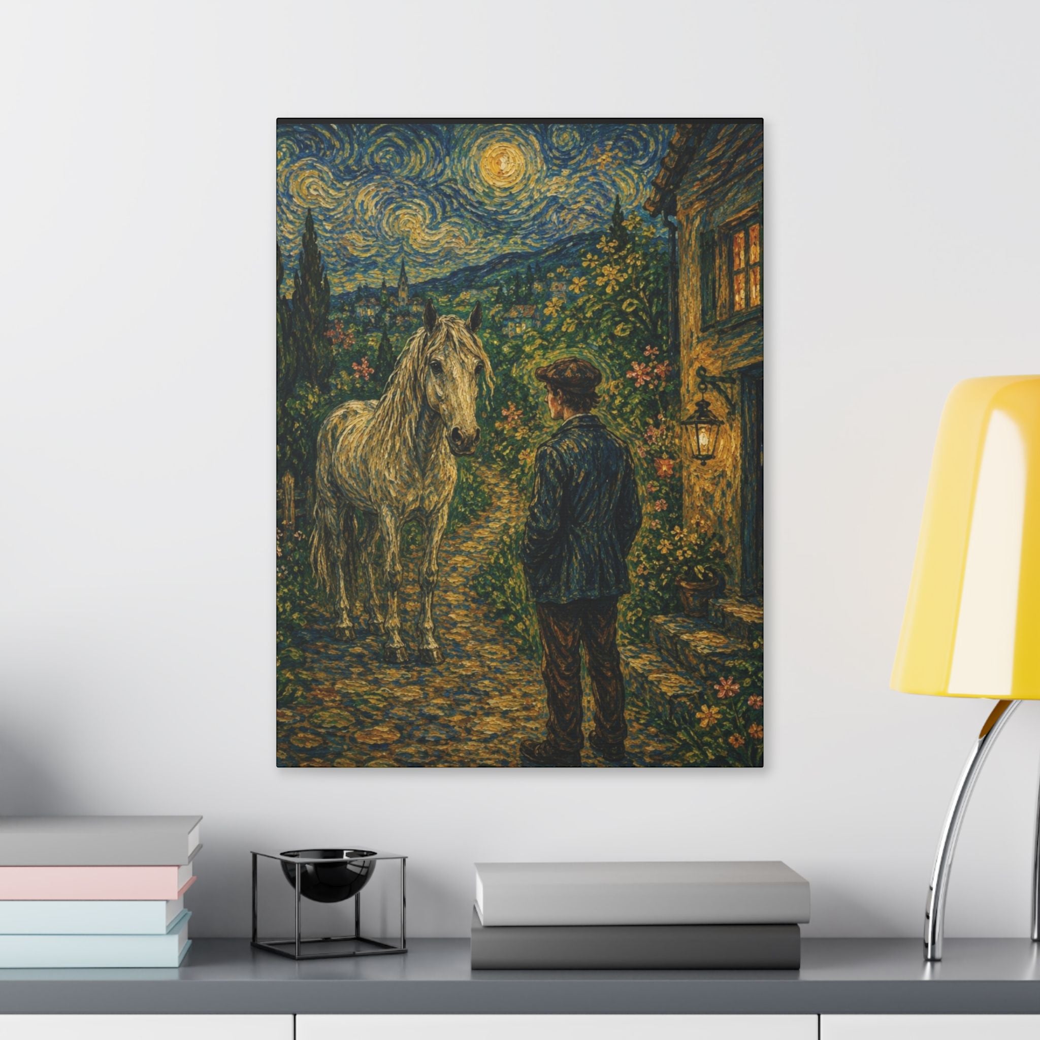 Moonlit Encounter   White Horse Beneath the Stars  Classic Stretched Canvas