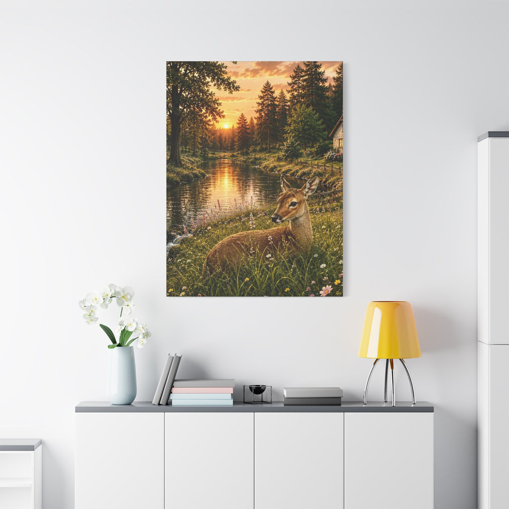 Golden Evening Visitor – Deer by the River Art Print Canvas, Stretched, 1.25"