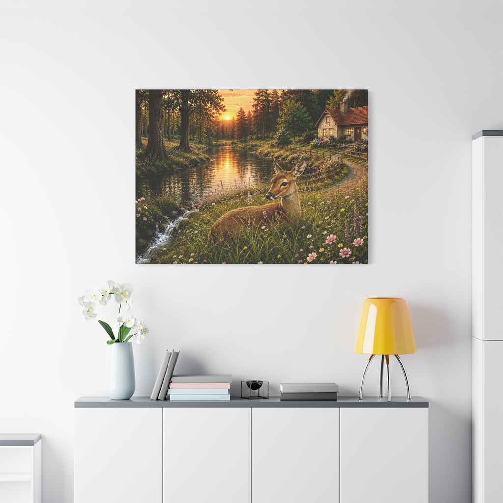 Golden Evening Visitor – Deer by the River”  Art Print Matte Canvas, Stretched, 1.25"
