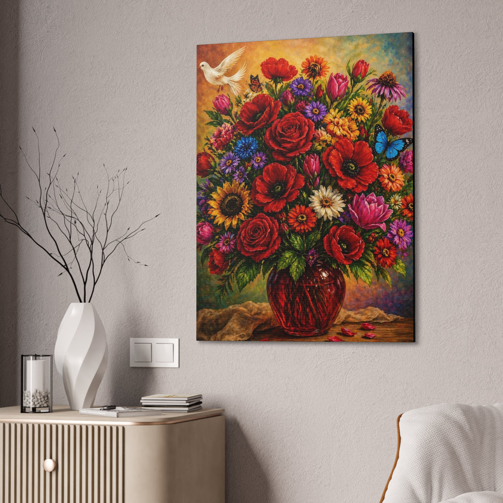Garden of Joy – Vibrant Floral Bouquet with White Dove Canvas Wall Art