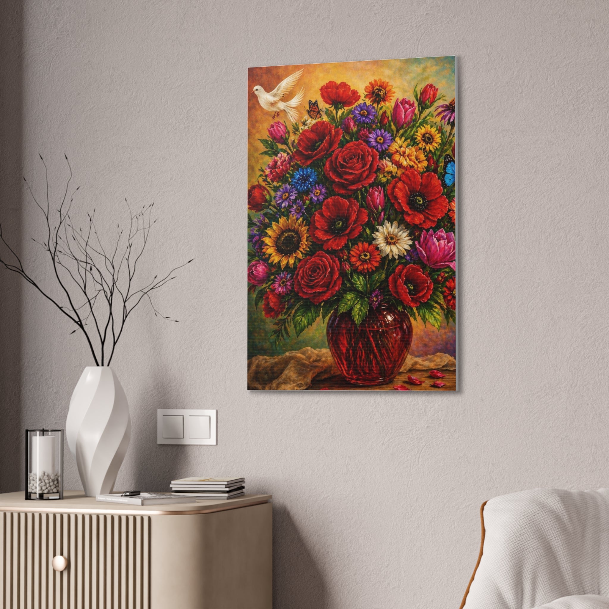 Garden of Joy – Vibrant Floral Bouquet with White Dove Canvas Wall Art