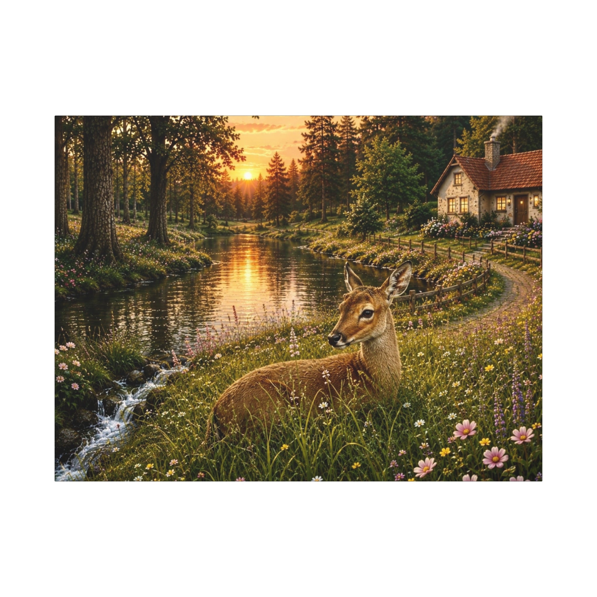 Golden Evening Visitor – Deer by the River”  Art Print Matte Canvas, Stretched, 1.25"
