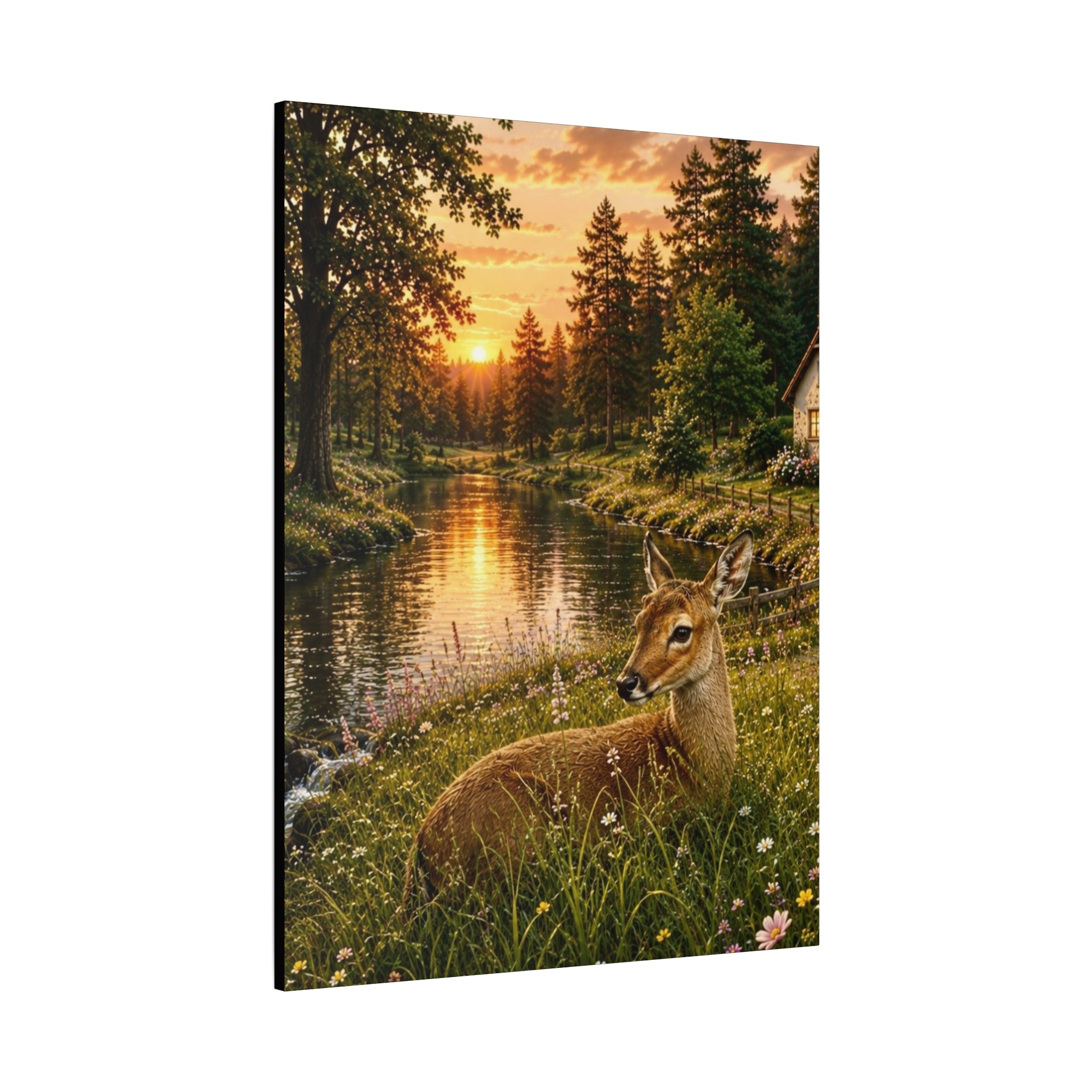 Golden Evening Visitor – Deer by the River Art Print Canvas, Stretched, 1.25"