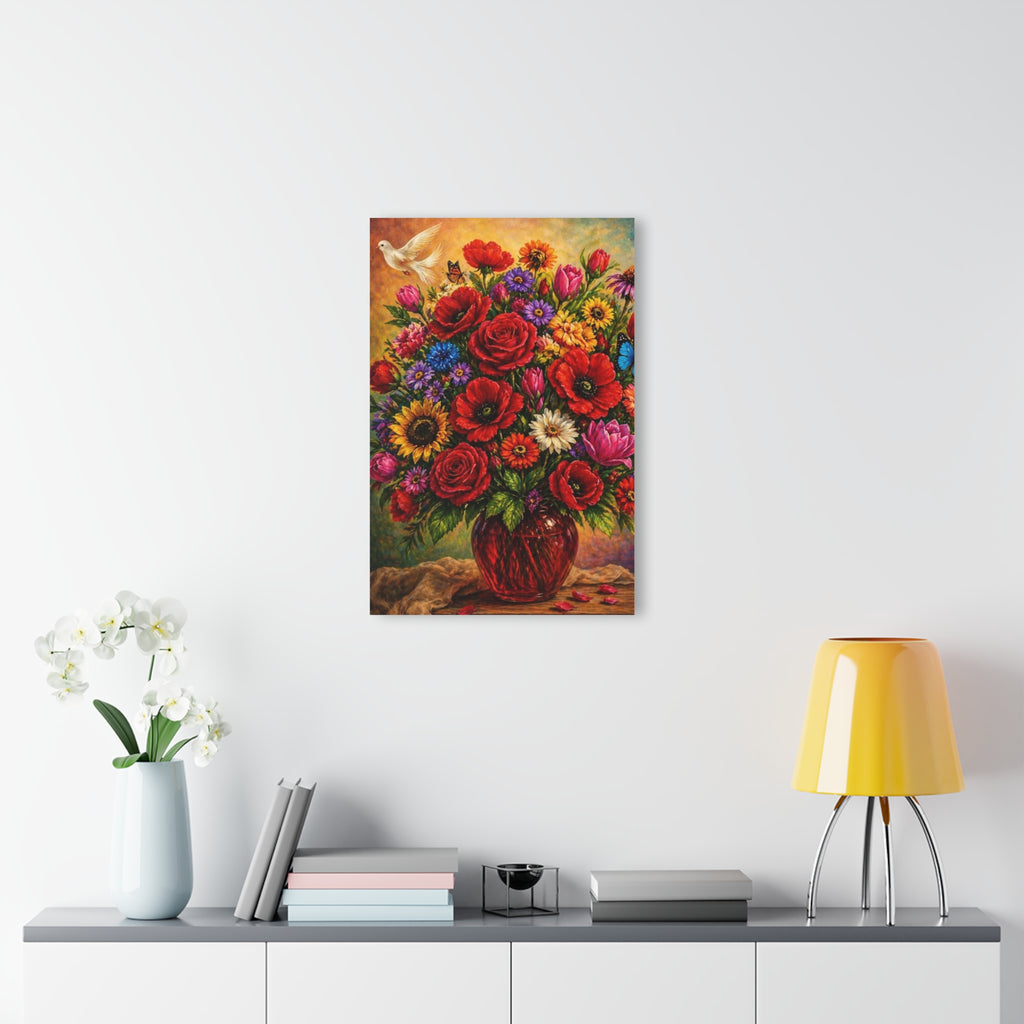 Garden of Joy – Vibrant Floral Bouquet with White Dove Canvas Wall Art Acrylic Prints (French Cleat Hanging)