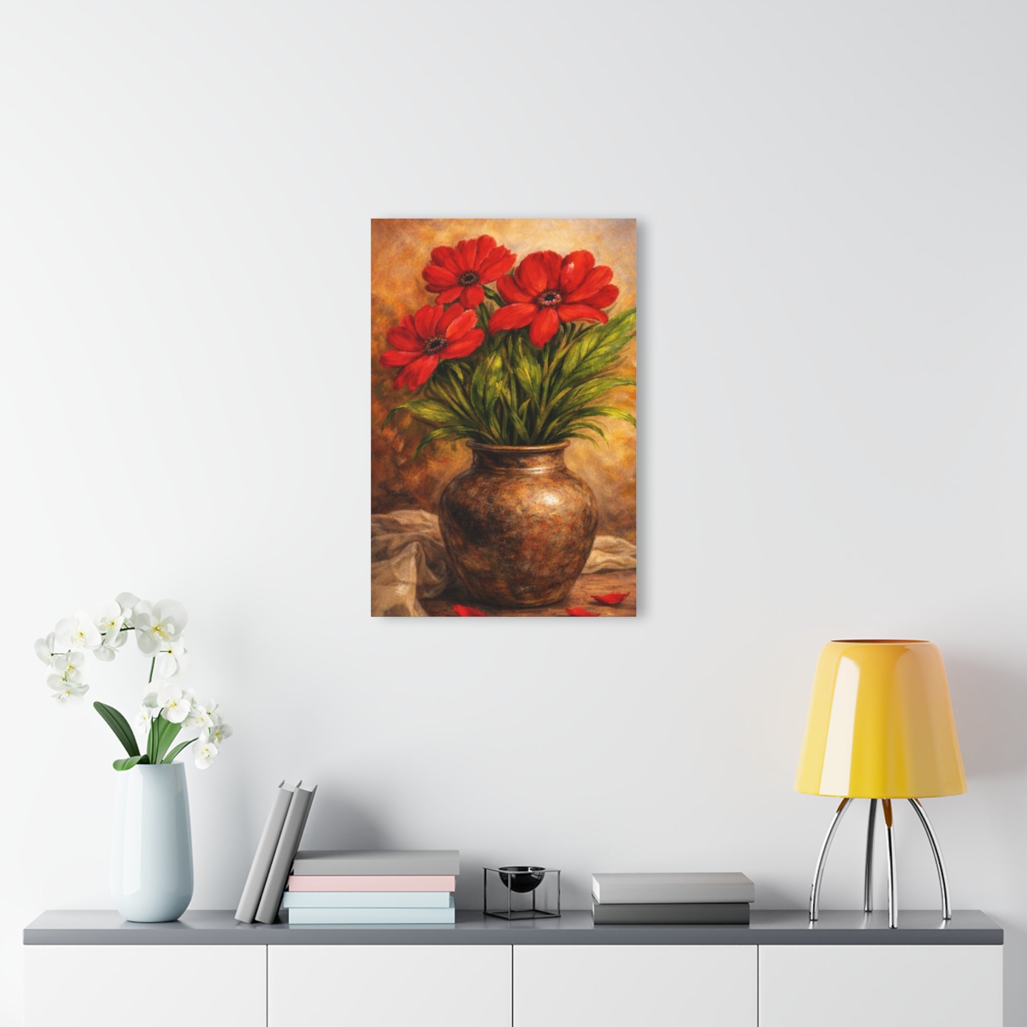 Crimson Blossoms in Bronze Vase – Vintage Floral Acrylic Wall Art