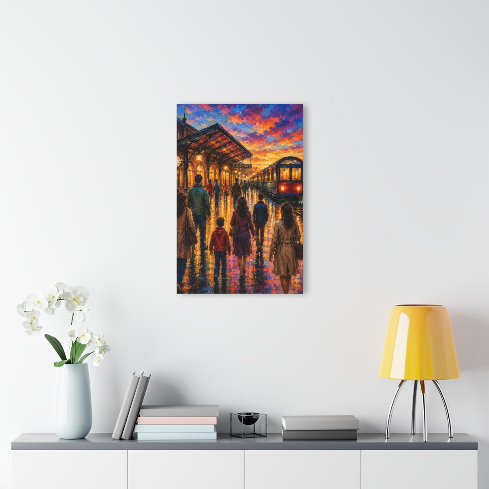 Journey at Sunset  Impressionist Train Station Canvas Art